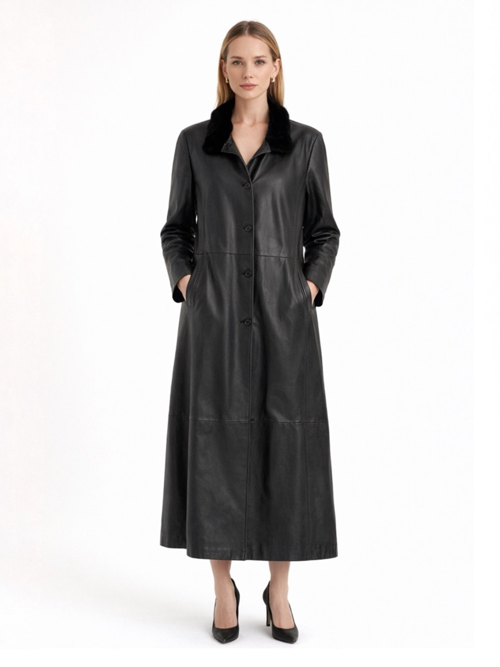 Vintage Made In Italy Vera Pelle Long Black Leather Real Fur Collar Coat Size 46